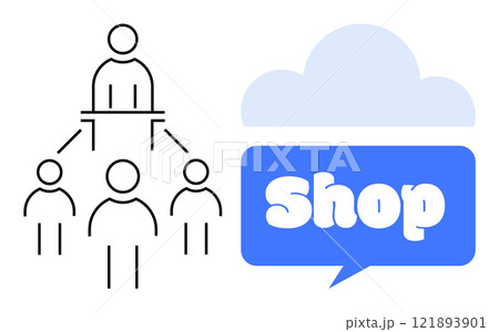 Hierarchical structure with a central figure overseeing others on the left, next to a cloud symbol containing the word Shop in a speech bubble. Ideal for business, organization, e-commerce, online 121893901