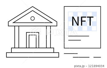 Design with a bank building next to an NFT certificate. Ideal for cryptocurrency, finance, blockchain technology, digital art, and fintech showcases. Simple lines, modern style 121894034