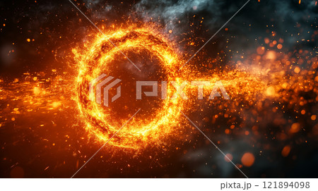 Flaming ring with sparks on dark background, energy concept visualization Flaming ring with sparks on dark background, energy concept visualization 121894098