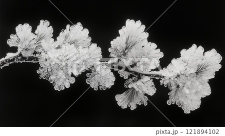 Ice crystals forming delicate floral patterns on black background, winter macro photography 121894102