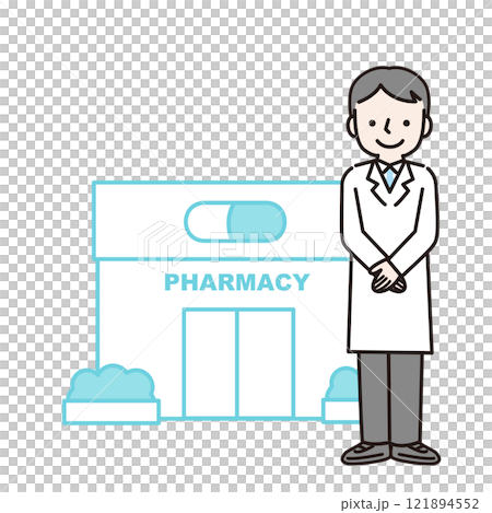 Pharmacy and a man in a white coat: Illustration material Pharmacy and a man in a white coat: Illustration material 121894552