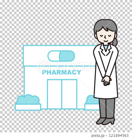 一位身穿白大褂的女士向藥局鞠躬:插圖素材 一位身穿白大褂的女士向藥局鞠躬:插圖素材 121894563