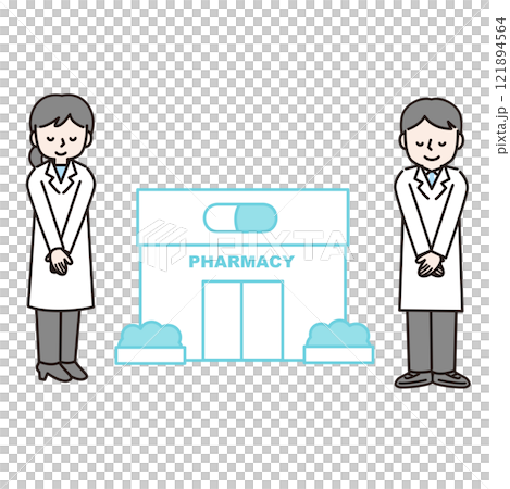 藥局和穿白大褂的男女鞠躬:插圖素材 藥局和穿白大褂的男女鞠躬:插圖素材 121894564