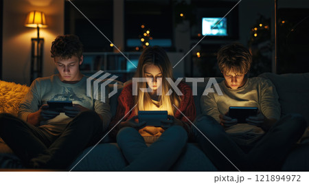 Teenager addicted with laptop and smartphone. AI-generated item 121894972