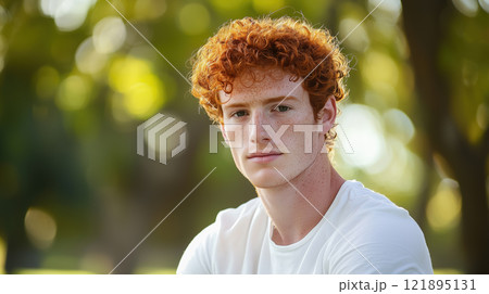 Portrait of young man with red curly hair in white t-shirt posing outdoors. AI-generated item 121895131