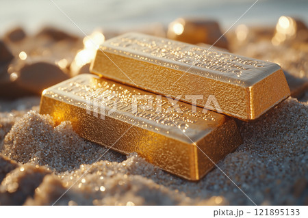 Gold bars on the sand. Close up. AI-generated item 121895133