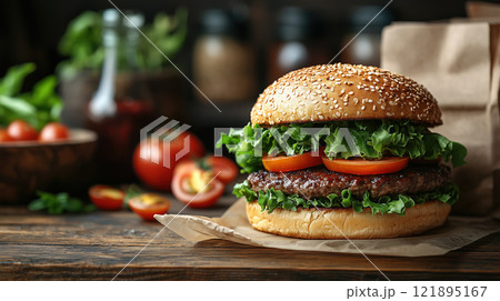 Classic tasty burger on wooden table. AI-generated item 121895167
