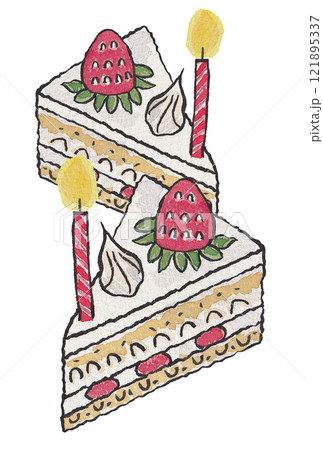 手描きの水彩画(絵手紙)「バースデーケーキ」二個  縦 121895337