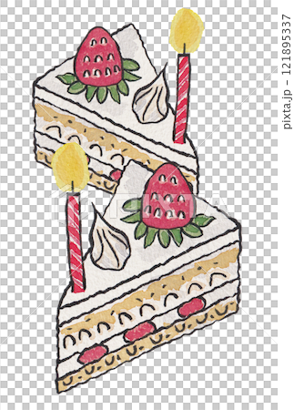 手描きの水彩画(絵手紙)「バースデーケーキ」二個  縦 121895337