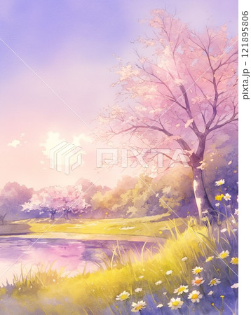 春の湖畔 桜満開と花畑 夕焼けに染まる春の風景のイラスト素材