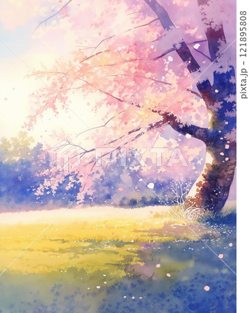 春の公園 桜満開の木と草原 夕日と穏やかな風景のイラスト素材