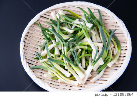 ザルに盛ったあさつき 121895864