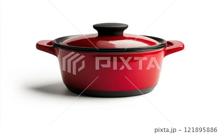 Red Cooking Pot with Lid Isolated on White Background 121895886