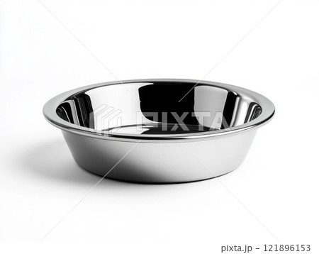 Shiny Polished Silver Dog Bowl with Reflections on White Background 121896153