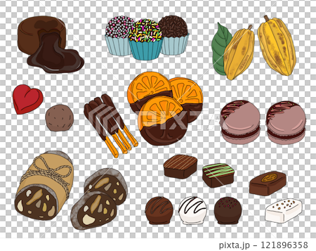 A set of line drawings of various types of chocolate 121896358