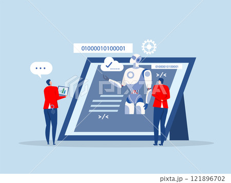 A man and an artificial intelligence robot communication.connecting artificial intelligence technology futuristic, AI, with brain Machine future cooperation A man and an artificial intelligence robot communication.connecting artificial intelligence technology futuristic, AI, with brain Machine future cooperation 121896702