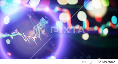 Abstract digital financial chart with colored candlestick charts, trend lines and network data visualization Abstract digital financial chart with colored candlestick charts, trend lines and network data visualization 121897002
