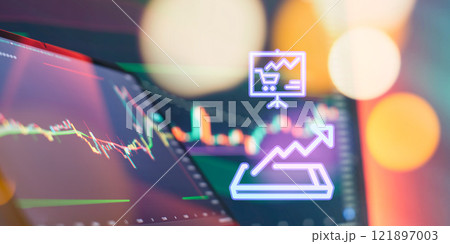 Digital financial dashboard with stock market chart and shopping cart analytics symbol in bright abstract style Digital financial dashboard with stock market chart and shopping cart analytics symbol in bright abstract style 121897003
