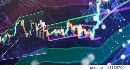 Abstract digital financial chart with colored candlestick charts, trend lines and network data visualization Abstract digital financial chart with colored candlestick charts, trend lines and network data visualization 121897004