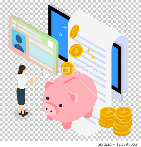 Isometric illustration of tax return with my number card and piggy bank 121897052