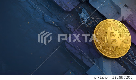 Golden Bitcoin Coin on Abstract Blue Background 121897200