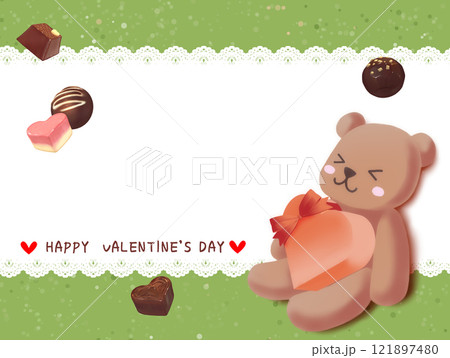 チョコレートを持ったテディベアのイラストのバレンタインカード 121897480