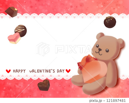 チョコレートを持ったテディベアのイラストのバレンタインカード 121897481