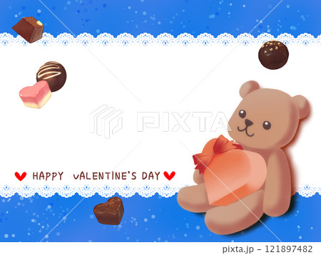 チョコレートを持ったテディベアのイラストのバレンタインカード 121897482