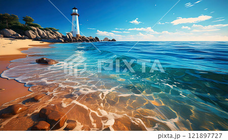 透き通るターコイズブルーの海と静かな浜辺　生成AI 121897727