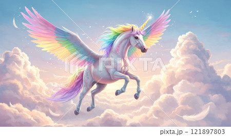 ユニコーンの絵 空を飛ぶ虹色のユニコーンのイラスト素材 [121897803] - PIXTA