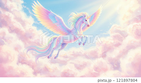 空を飛ぶ虹色のユニコーン 121897804
