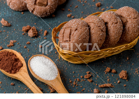 Coffee cookies with chocolate. Delicious homemade dessert 121898084