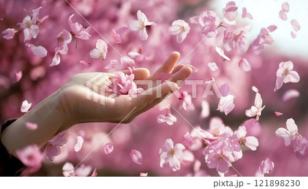 桜の花びらと手の優しい触れ合い　生成AI 121898230