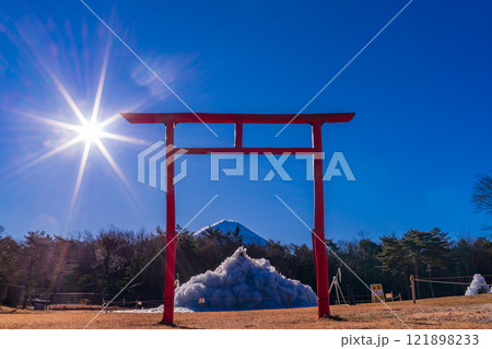 【山梨県】西湖野鳥の森公園の赤鳥居越しに富士山 121898233