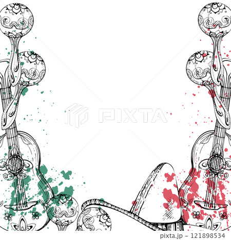 Mexican symbols sombrero hat, guitar maracas mariachi musical instruments, red green splashes. Hand drawn ink vector isolated illustration border frame. Design travel, vacation, folk concert brochure Mexican symbols sombrero hat, guitar maracas mariachi musical instruments, red green splashes. Hand drawn ink vector isolated illustration border frame. Design travel, vacation, folk concert brochure 121898534