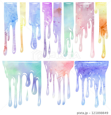 Set of watercolor paint drips flows down isolated from background. Clip arts of Melted dye. Colorful silhouette collection pour liquid dye 121898649