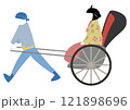 人力車に乗った日本の和服着物を着た女性と、人力車を引っ張る男性のイラスト 121898696