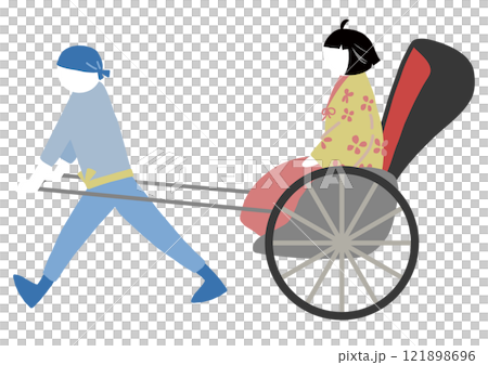 An illustration of a woman in a Japanese kimono riding in a rickshaw and a man pulling the rickshaw 121898696