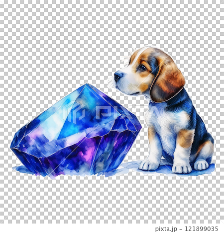Watercolor illustration of a beagle and a sapphire, the birthstone for September, part 3 / flyer and poster material 121899035