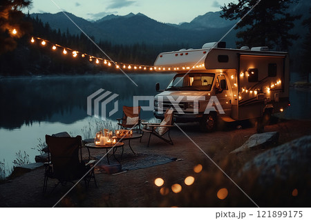 Evening by the lit lake Evening by the lit lake 121899175