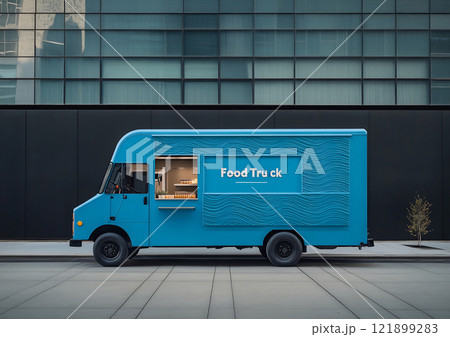 Blue food truck on street 121899283