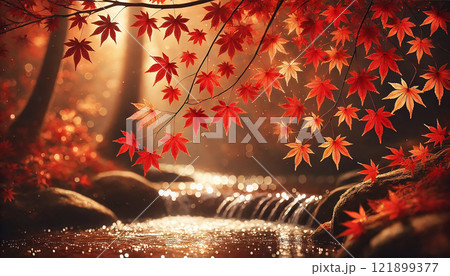 秋の紅葉と光が織りなす幻想的な川辺の風景イラスト   121899377