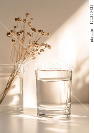 Glass of water beside dried flowers 121899433