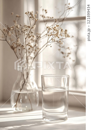 Glass & flowers in sunlight 121899434