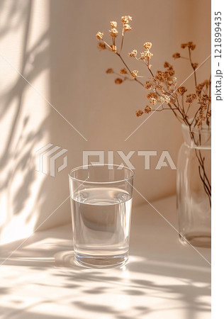 Glass of water beside dried flowers 121899435