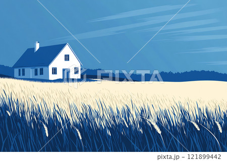 House among golden wheat fields 121899442