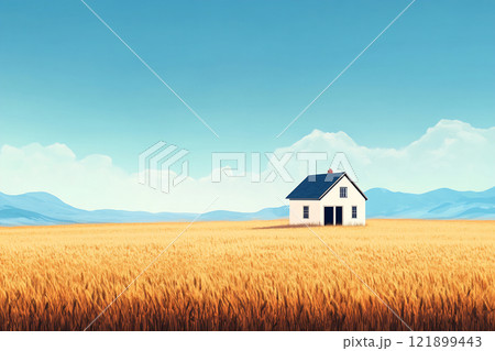 Vibrant landscape with a white house 121899443