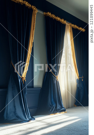 Blue curtains enhance the room 121899445