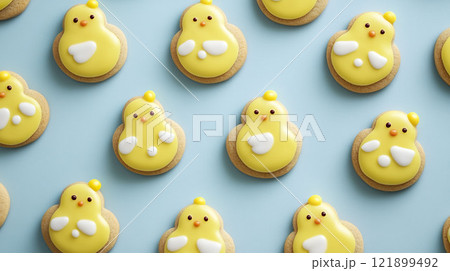 Pattern with chickens cookies on blue background. AI-generated item Pattern with chickens cookies on blue background. AI-generated item 121899492