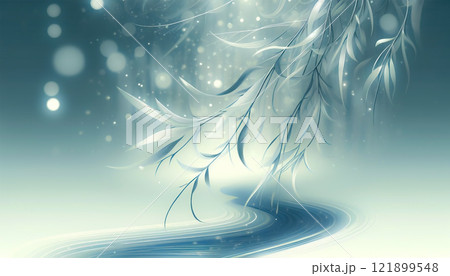 幻想的な光と曲線が描く川と葉の抽象的なイラスト   121899548